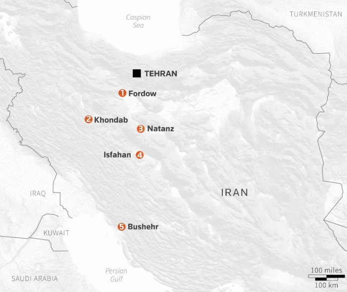 A map of Iran showing the locations of the five main facilities of the Iranian nuclear program.