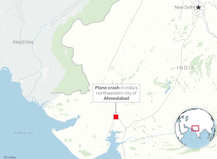 Map showing the short flight path of Air India Flight AI171 from Ahmedabad airport to the nearby crash site.