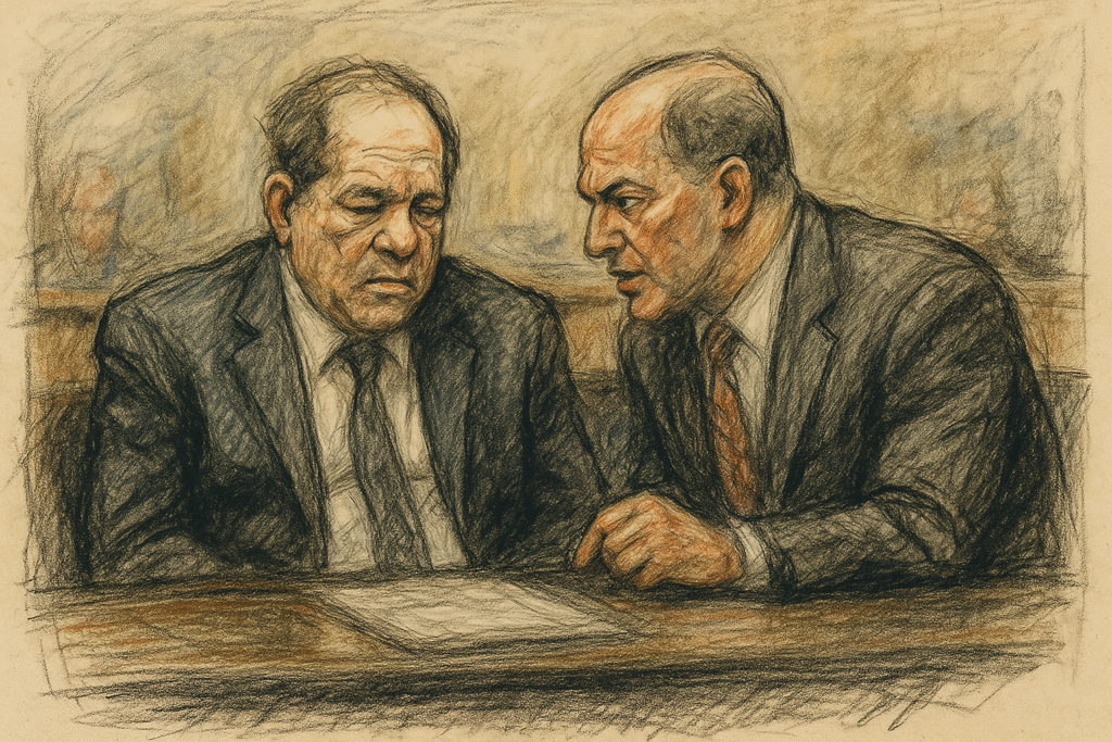A courtroom sketch shows Harvey Weinstein and his defense attorney, Arthur Aidala, listening to the verdict in his New York retrial.