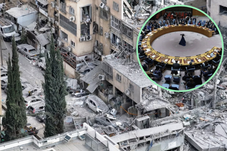 A composite image showing widespread destruction in Bnei Brak, Israel, with rubble, damaged apartment buildings, and wrecked cars. An inset photo shows world leaders convened for an urgent meeting at a large, circular conference table.
