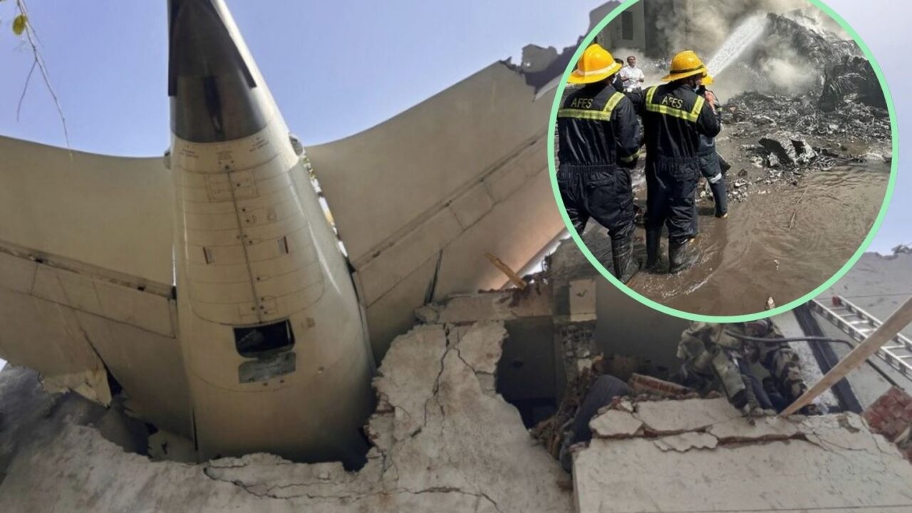The tail of the crashed Air India plane lodged in a damaged building in Ahmedabad, with a circular inset image showing two firefighters spraying water on the smoky wreckage.