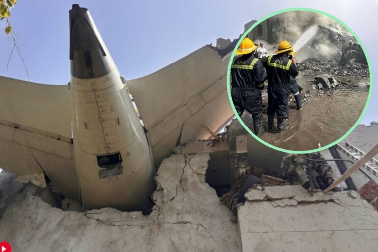 The tail of the crashed Air India plane lodged in a damaged building in Ahmedabad, with a circular inset image showing two firefighters spraying water on the smoky wreckage.