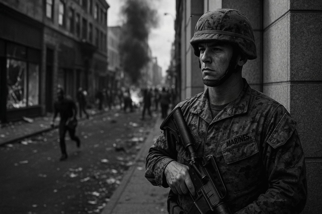 A U.S. Marine stands guard in Los Angeles while looting and civil unrest unfolds in the background.