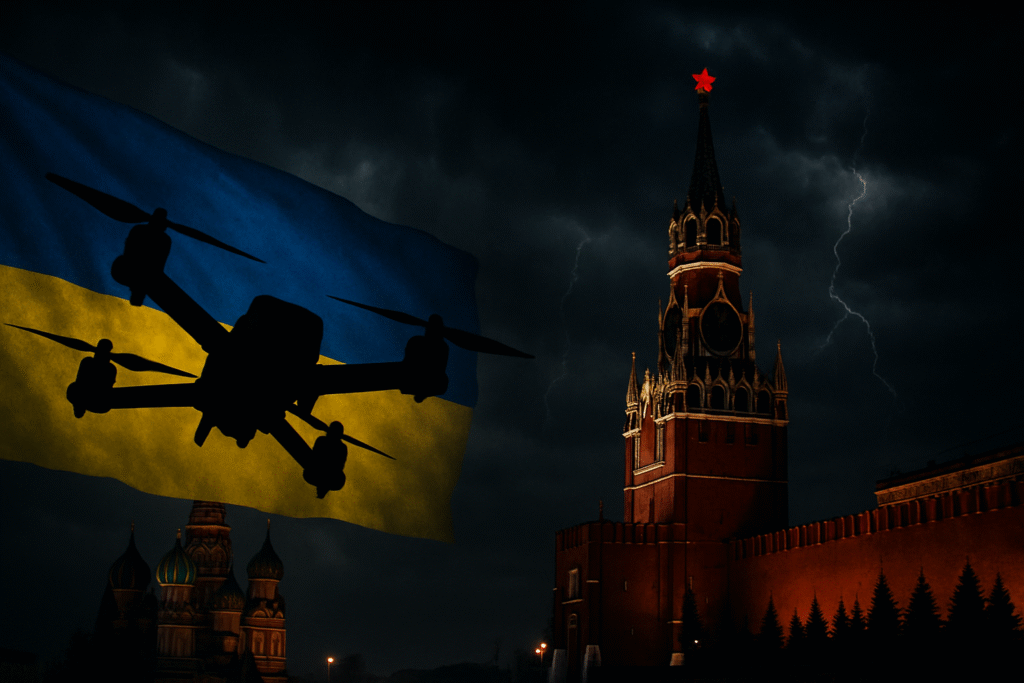 A silhouette of a drone in front of a Ukrainian flag, with the Moscow Kremlin visible at night under a dark, stormy sky.