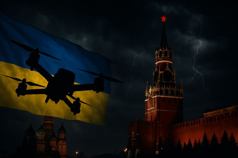 A silhouette of a drone in front of a Ukrainian flag, with the Moscow Kremlin visible at night under a dark, stormy sky.