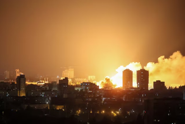 Smoke and fire billowing from buildings in Kyiv, Ukraine, following a Russian drone strike on June 6, 2025