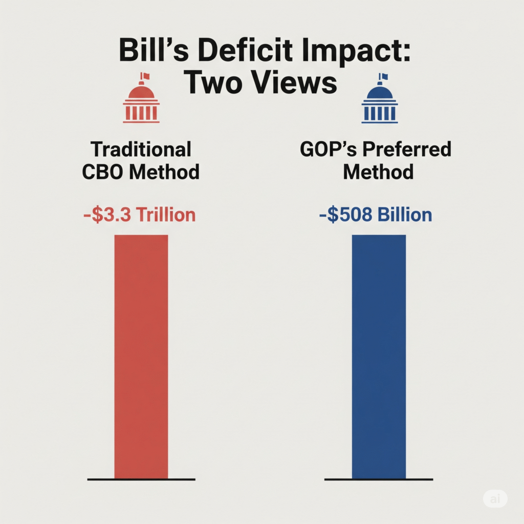 Infographic comparing CBO deficit projections in the latest big beautiful bill update: $3.3 trillion vs. $508 billion.