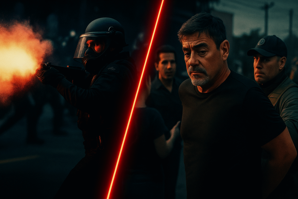 A dramatic news graphic about the ICE raids in Los Angeles, showing a composite image of police using a stun grenade during protests and union leader David Huerta in a confrontation with a federal agent.