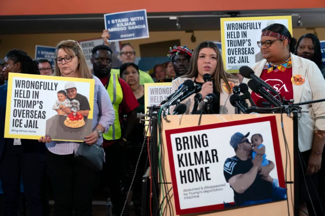 Jennifer Vasquez Sura, wife of Kilmar Abrego Garcia, speaks at a news conference about his wrongful deportation.