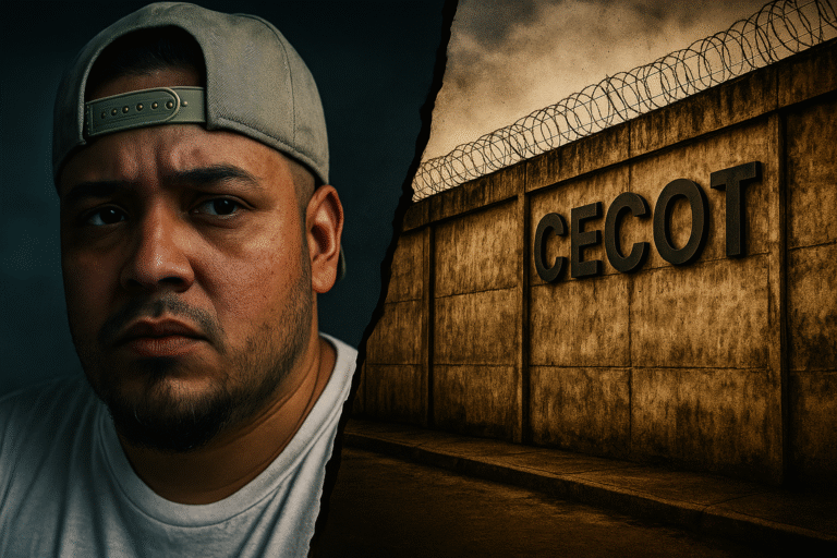 A split image showing a portrait of Kilmar Abrego Garcia, who was wrongfully deported, next to the stark wall of El Salvador's CECOT prison.