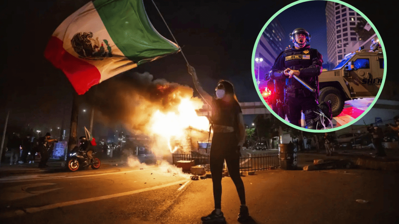 A protester waves a Mexican flag amid fires and chaos on a city street at night, with an inset image showing a heavily armed police officer responding to the unrest.