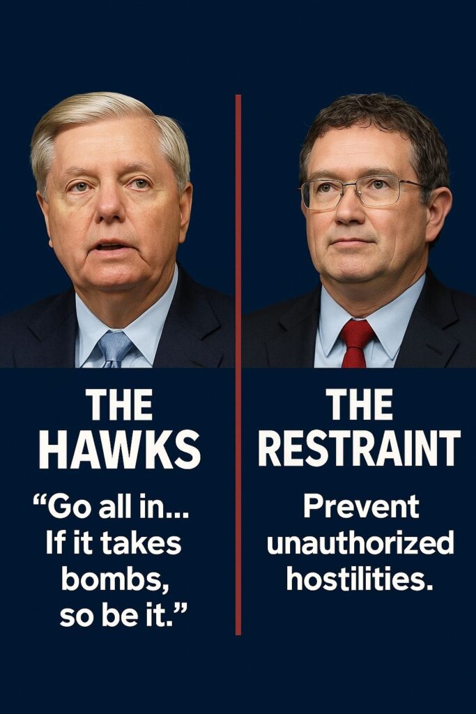 A split image contrasting Senator Lindsey Graham, who supports military action against Iran, and Representative Thomas Massie, who urges restraint.
