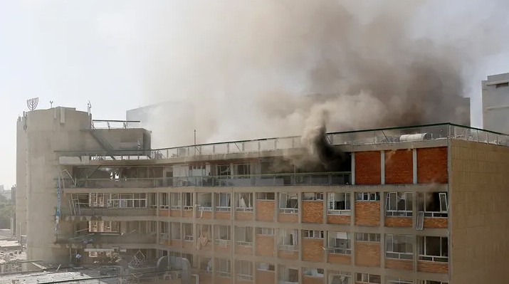 Damaged Soroka Hospital building in Beersheba Southern Israel following a missile attack, highlighting the civilian impact of the conflict.