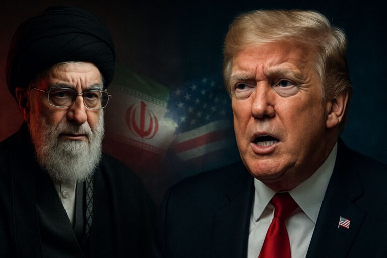 A confrontational composite image featuring Donald Trump and Iran's Supreme Leader Ayatollah Ali Khamenei, set against a dark background with the American and Iranian flags, symbolizing the U.S.-Iran conflict.