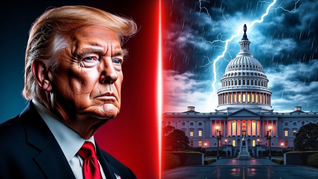 A dramatic composite image featuring a portrait of a serious Donald Trump on the left and the U.S. Capitol building during a lightning storm on the right.