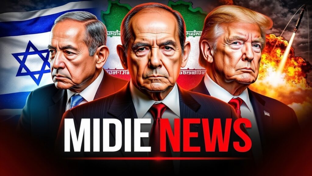 A news-style graphic featuring Israeli Prime Minister Benjamin Netanyahu, an Iranian leader, and U.S. President Donald Trump, set against a backdrop of the Israeli and Iranian flags with a missile launching on the right side. The text 'MIDIE NEWS' is displayed at the bottom.
