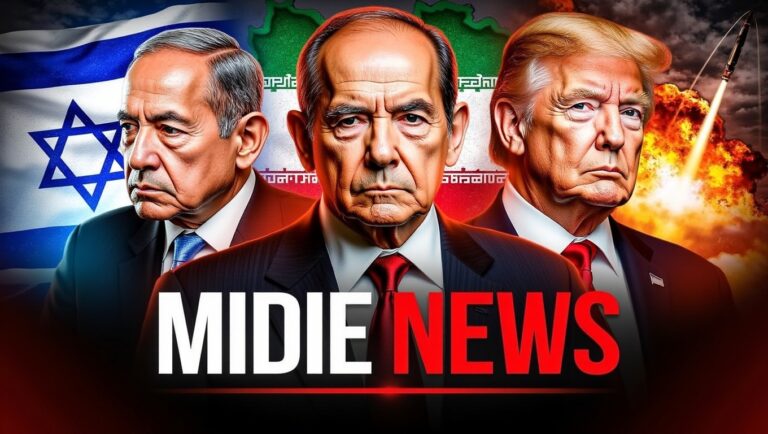 A news-style graphic featuring Israeli Prime Minister Benjamin Netanyahu, an Iranian leader, and U.S. President Donald Trump, set against a backdrop of the Israeli and Iranian flags with a missile launching on the right side. The text 'MIDIE NEWS' is displayed at the bottom.