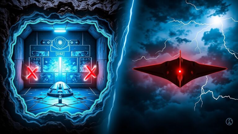 A composite image showing a destroyed high-tech underground bunker, representing the Iranian nuclear facility, next to a B-2 stealth bomber flying through a stormy sky, representing the US military air strike.