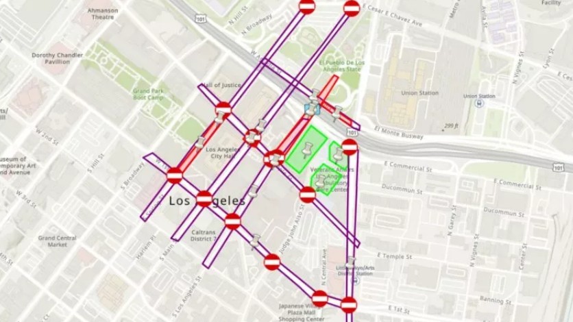 Map of downtown Los Angeles showing the location of federal troop deployment in relation to the area of looting.
