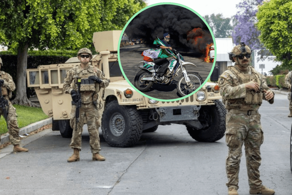 US Marines getting deployed in LA to help with the riots. Picture-in-Picture a chaotic scene with buring vehicle and a rioter fleeing on a motorcycle.