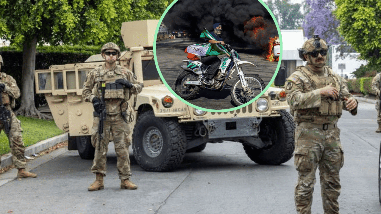 US Marines getting deployed in LA to help with the riots. Picture-in-Picture a chaotic scene with buring vehicle and a rioter fleeing on a motorcycle.