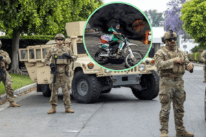 US Marines getting deployed in LA to help with the riots. Picture-in-Picture a chaotic scene with buring vehicle and a rioter fleeing on a motorcycle.
