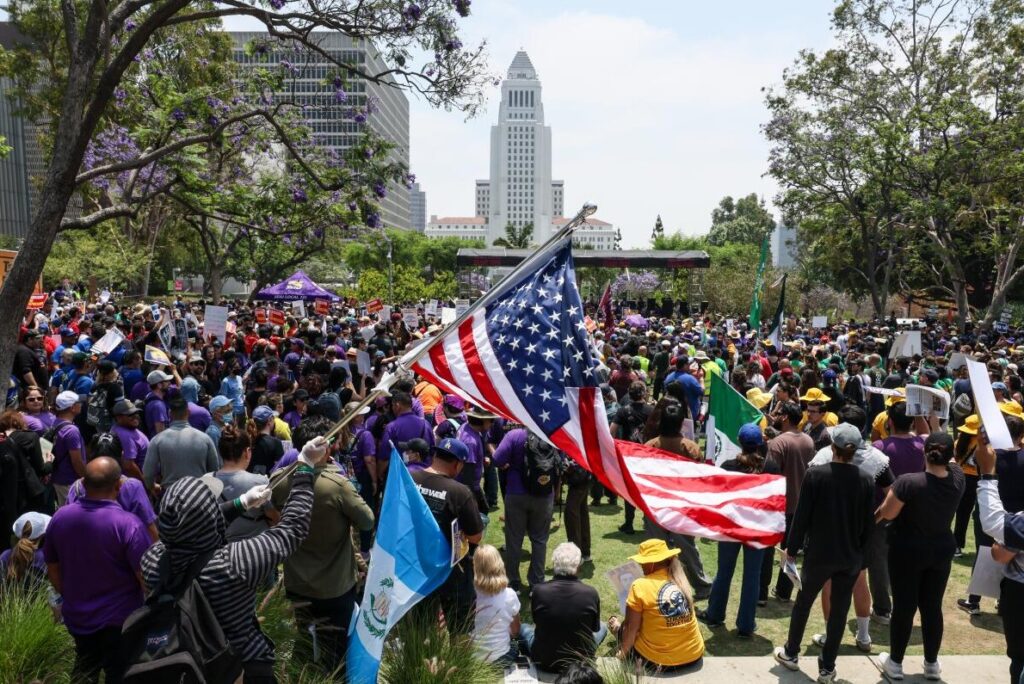 Thousands of union members and supporters rally in Grand Park, Los Angeles.