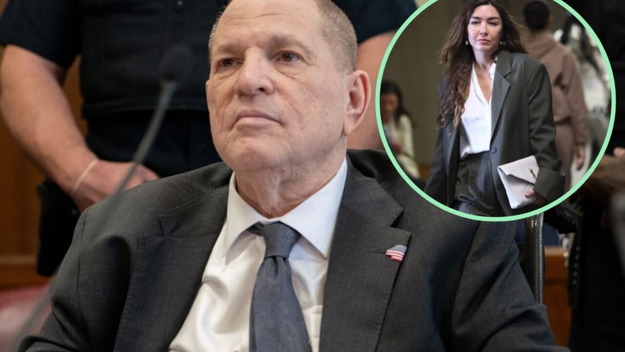 A photo of Harvey Weinstein in court, with a circular inset photo of accuser Miriam Haley, related to the Harvey Weinstein retrial verdict.