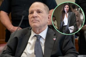 A photo of Harvey Weinstein in court, with a circular inset photo of accuser Miriam Haley, related to the Harvey Weinstein retrial verdict.