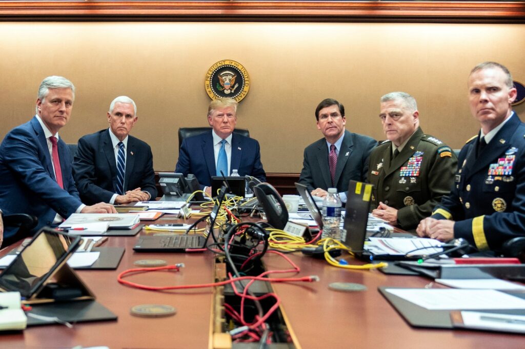 The White House Situation Room during a national security meeting concerning the escalating Iran-Israel conflict.