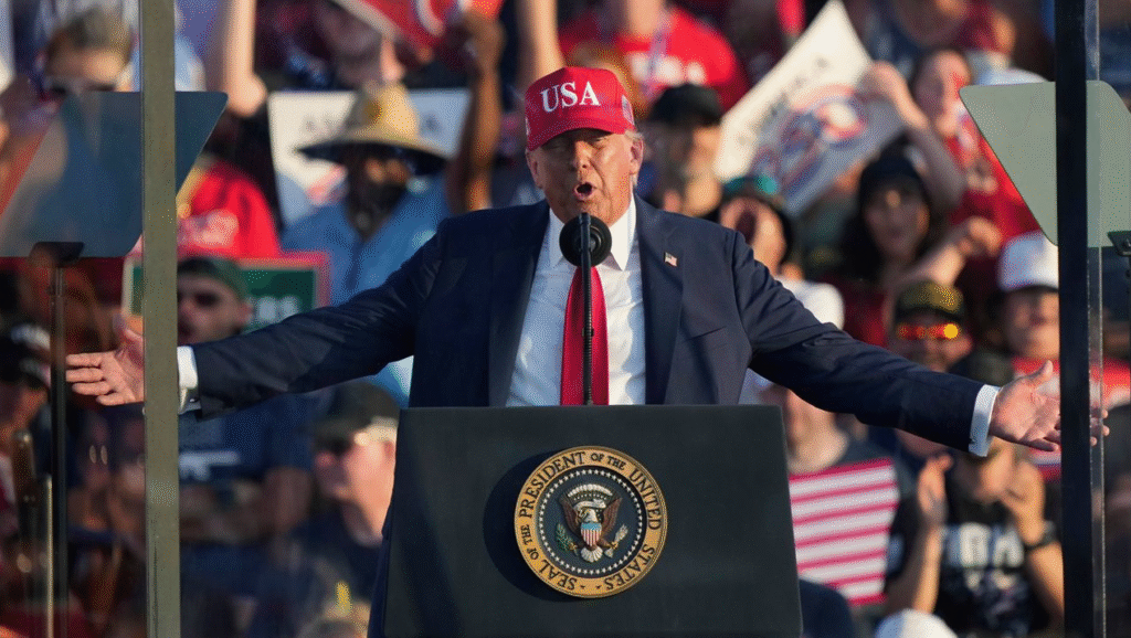 President Donald Trump speaks at a rally in Iowa where he made his controversial "Shylocks" comment.