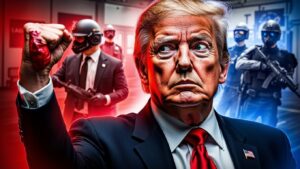 An image depicting Donald Trump in a suit and red tie, defiantly raising a clenched fist. He is flanked by armed tactical officers in a hallway illuminated by dramatic red and blue lighting.