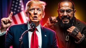 A composite news graphic showing Donald Trump speaking emphatically at a rally, alongside a dramatic depiction of the character Shylock, illustrating the controversy over Trump's "Shylocks" comment.