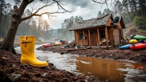 The devastating aftermath of the Texas Hill Country floods at Camp Mystic, showing a single yellow child's rainboot in the foreground with a damaged cabin and washed-up kayaks behind it, symbolizing the tragic loss of life.