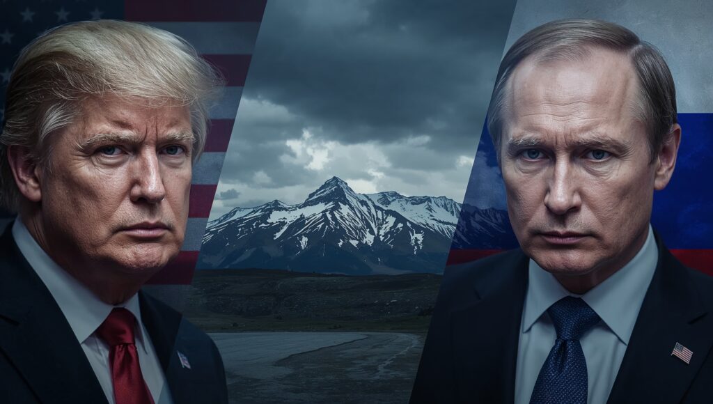 A split-screen image showing Donald Trump on the left and Vladimir Putin on the right, with a snowy Alaskan mountain range between them.