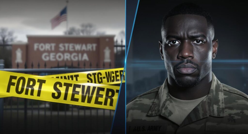 A split image showing the Fort Stewart gate and a solemn U.S. Army soldier, representing the news story of the shooting.