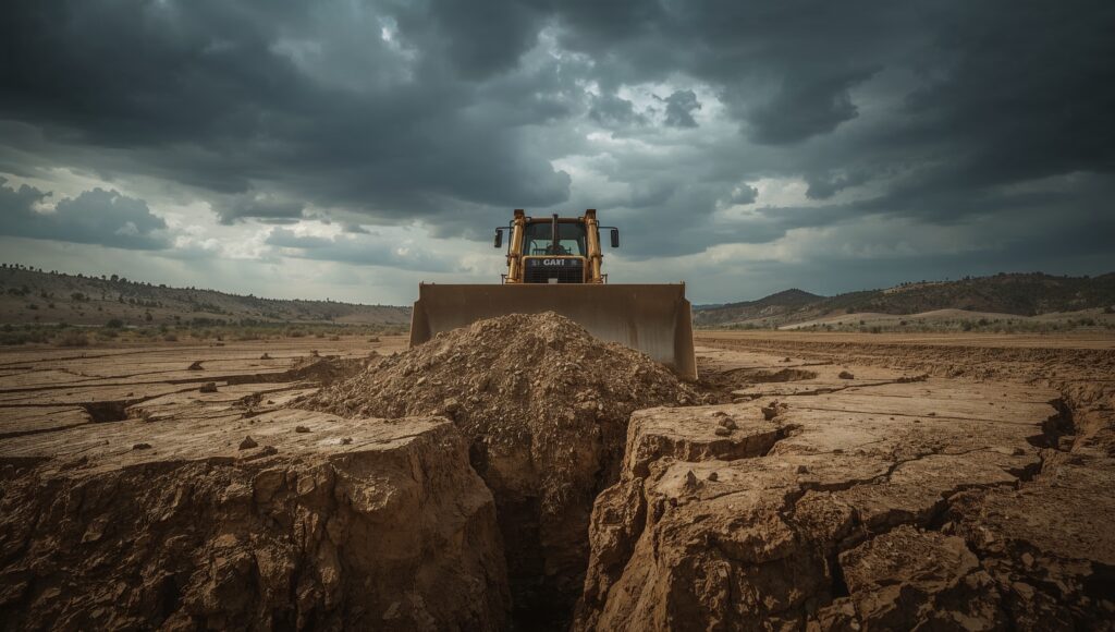 A bulldozer creating a fissure in a dry, hilly landscape, symbolizing the division caused by the E1 settlement plan.