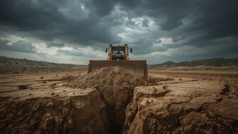 A bulldozer creating a fissure in a dry, hilly landscape, symbolizing the division caused by the E1 settlement plan.