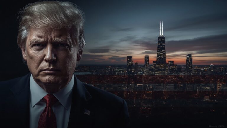 A split-screen image showing Donald Trump and the Chicago skyline, symbolizing a federal-state conflict.