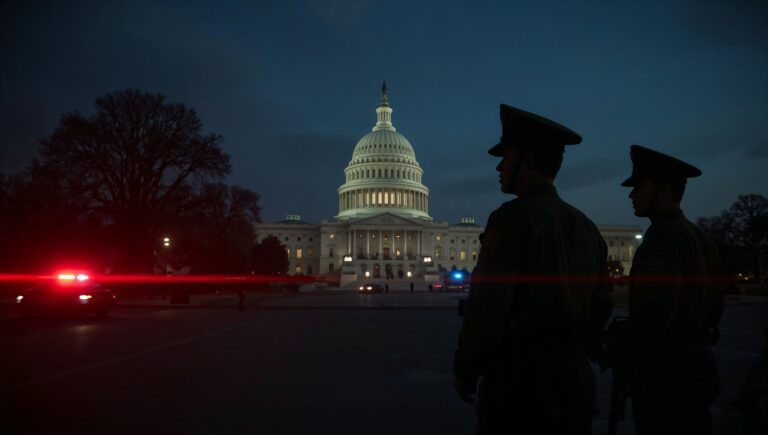 National Guard soldiers in silhouette before the U.S. Capitol at dusk.
