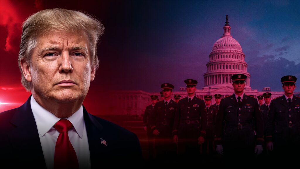 A split image showing Donald Trump on one side and National Guard soldiers at the U.S. Capitol on the other.