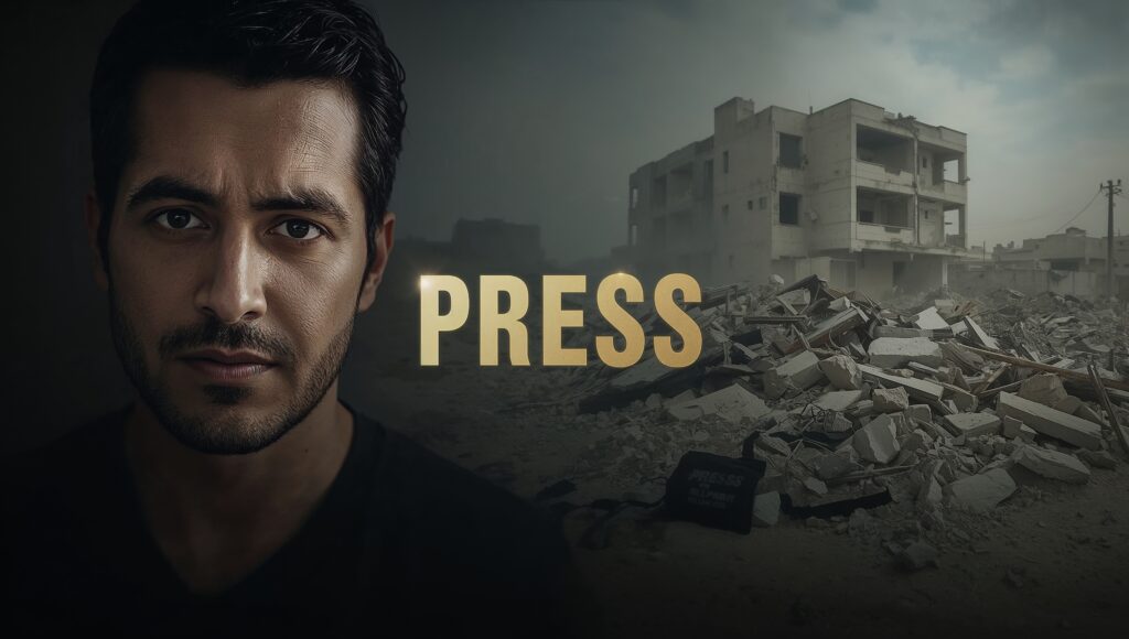 A somber portrait of journalist Anas Al-Sharif next to an image of a press vest amidst rubble in Gaza.