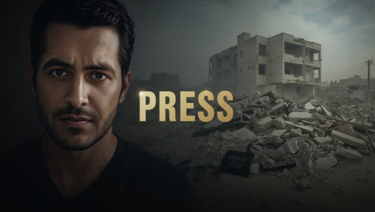 A somber portrait of journalist Anas Al-Sharif next to an image of a press vest amidst rubble in Gaza.
