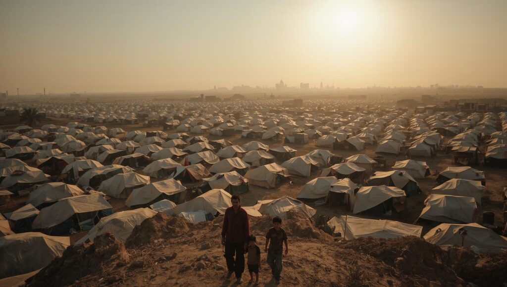 A sprawling city of makeshift tents in Gaza, illustrating the scale of Palestinian displacement.