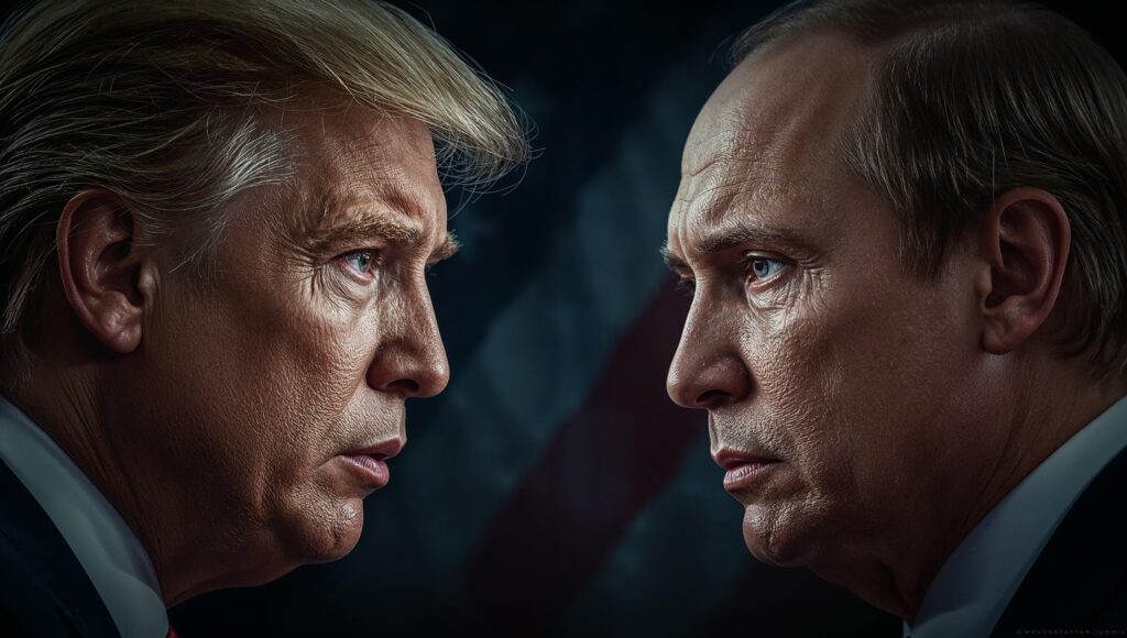 U.S. President Donald Trump and Russian President Vladimir Putin in a face-off composition, symbolizing the Anchorage summit.