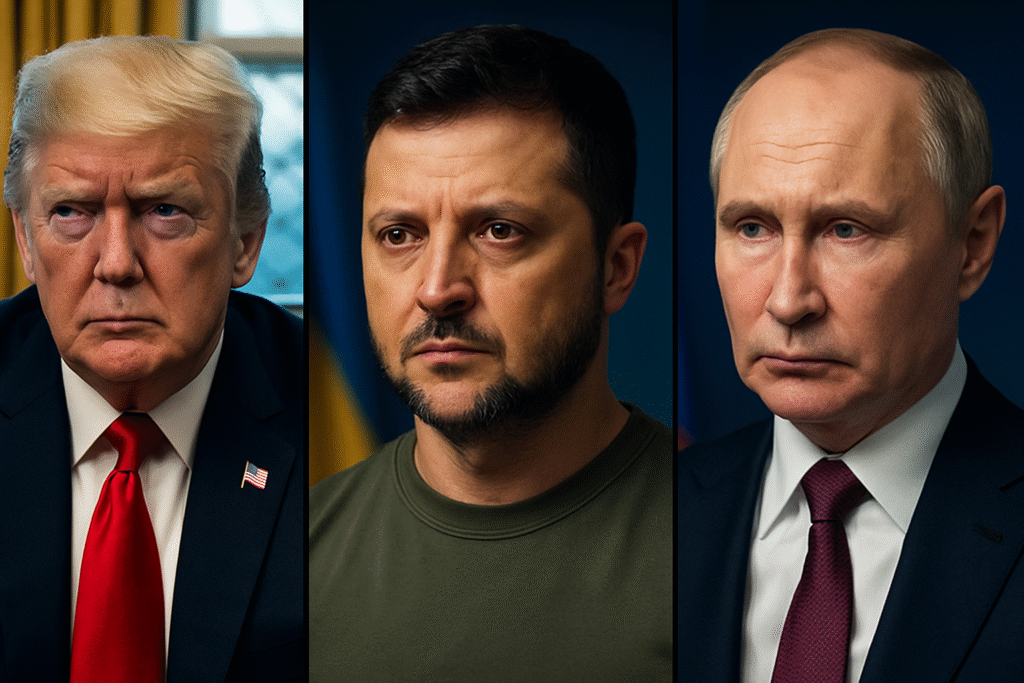 Donald Trump, Volodymyr Zelenskyy, and Vladimir Putin in a split-screen news graphic for a summit.