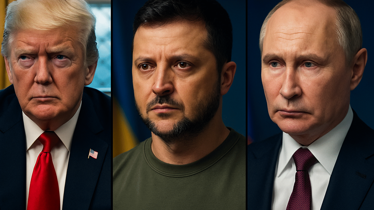 Donald Trump, Volodymyr Zelenskyy, and Vladimir Putin in a split-screen news graphic for a summit.