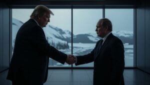 A tense handshake between US President Donald Trump and Russian President Vladimir Putin at the Alaska summit.