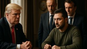 President Trump and President Zelenskyy meet at the White House, with European leaders looking on, to discuss a Ukraine peace deal.