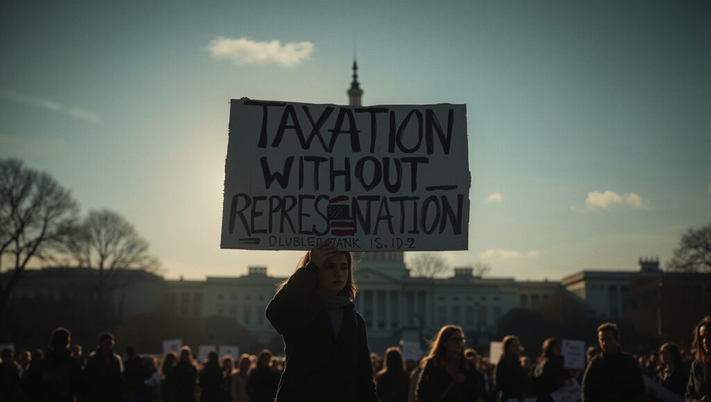 A protestor holds a sign with the D.C. flag reading "Taxation Without Representation" in front of the U.S. Capitol Building.